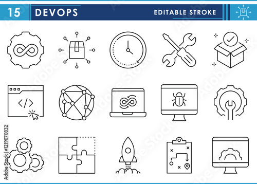 A set of line icons related to DevOps. Developer and operations. Gear, computer, clock, digital, bugs, infinite, tools, and so on. Vector editable stroke.