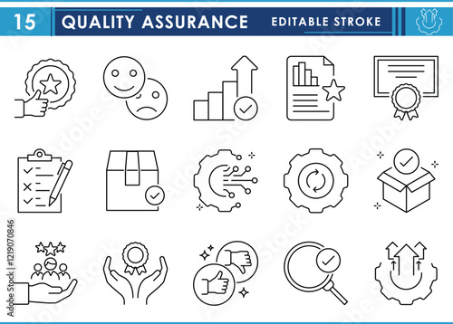 A set of line icons related to Quality Assurance. Quality, verify, goods, tag, certified, feedback, like, dislike, gear, report, and so on. Vector editable stroke.