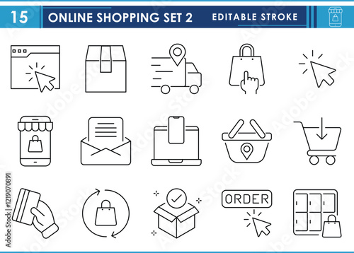 A set of line icons related to Click and collect online shopping. Online, pay, order, deliver, location, cart, goods, and so on. Vector editable stroke.