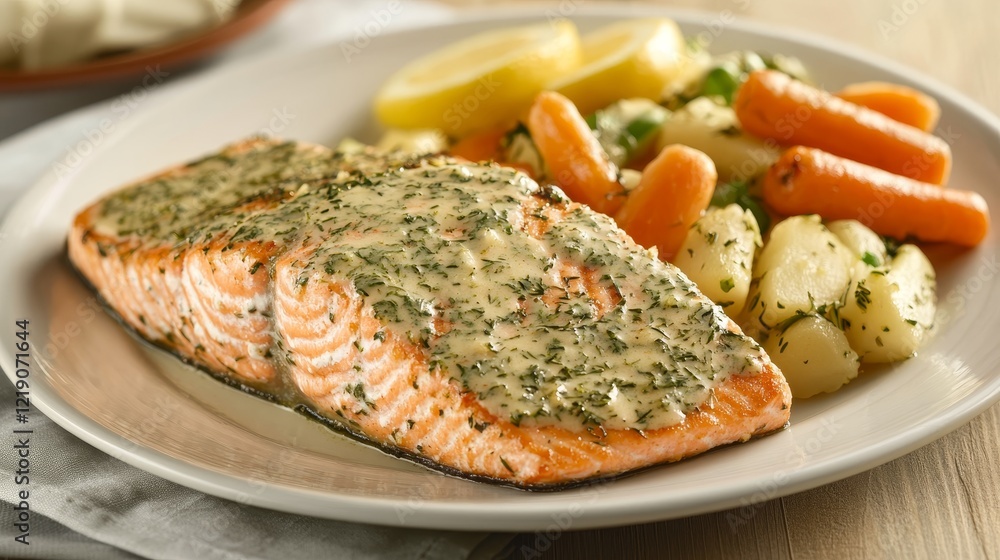Delicious herb crusted salmon with lemon dill sauce and fresh steamed vegetables on a plate Delicious herb crusted salmon with lemon dill sauce and fresh steamed vegetables on a plate