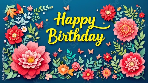 Colorful Paper Craft Happy Birthday Card with Floral and Butterfly Designs on Blue Background for Celebrations