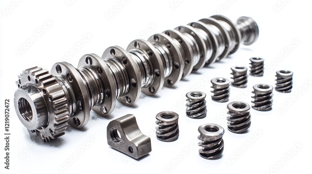A set of engine camshafts with gear teeth and bearings on a white isolated background A set of engine camshafts with gear teeth and bearings on a white isolated background