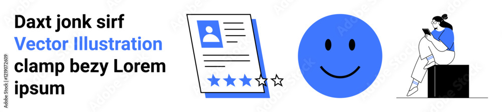 User profile document with 4-star rating, blue happy face, person sitting reading a book on a block. Ideal for user feedback, profiles, reviews, satisfaction, reading profiles simplicity. Landing User profile document with 4-star rating, blue happy face, person sitting reading a book on a block. Ideal for user feedback, profiles, reviews, satisfaction, reading profiles simplicity. Landing