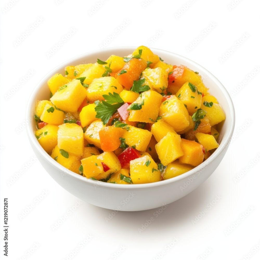 A fresh pineapple and mango salsa, isolated white background, impressionist art style A fresh pineapple and mango salsa, isolated white background, impressionist art style