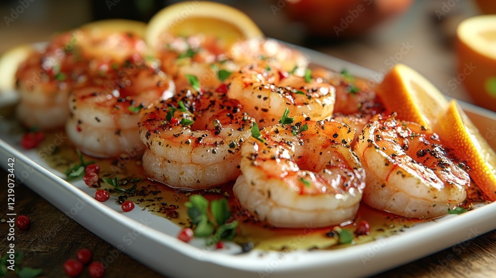 Grilled shrimp platter with citrus garnish on table Grilled shrimp platter with citrus garnish on table