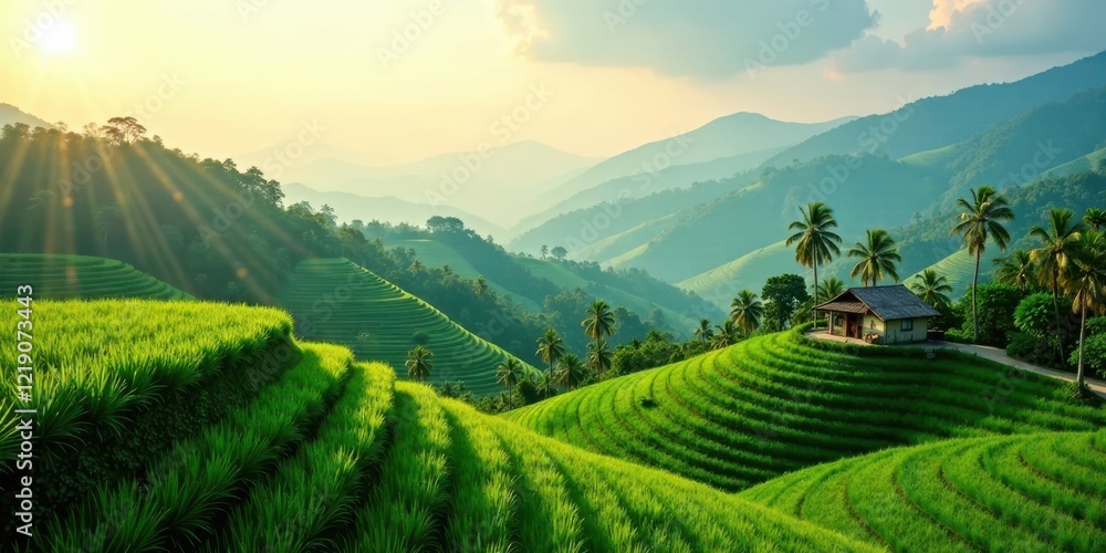 Fototapeta premium Serene Sunrise Illuminates Lush Rice Terraces and a Humble House Nestled Amongst Verdant Hills