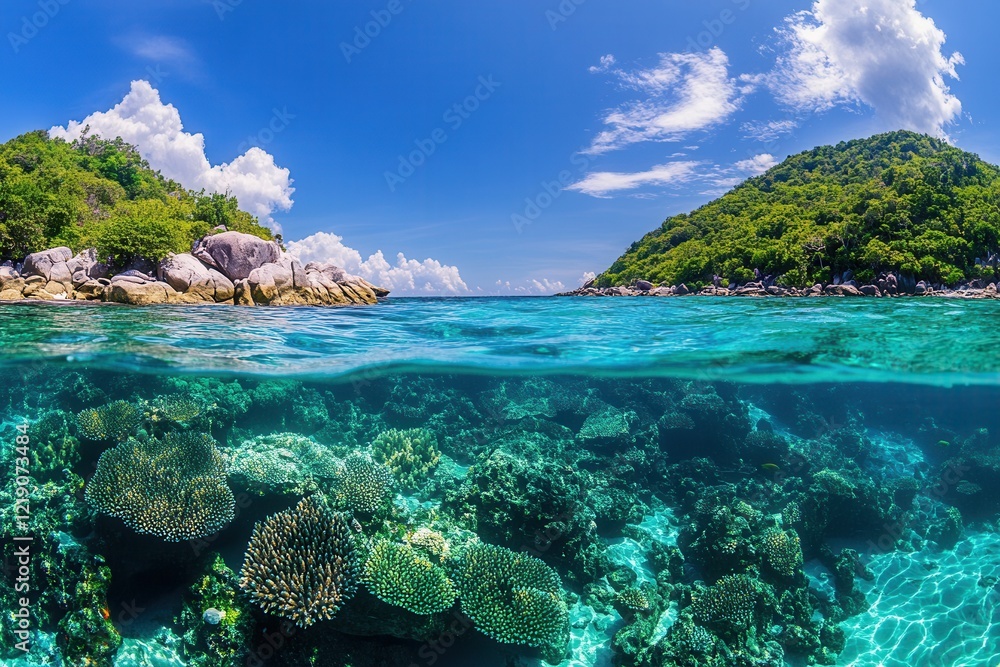 Tropical Island Paradise Underwater Coral Reef and Lush Landscape Tropical Island Paradise Underwater Coral Reef and Lush Landscape
