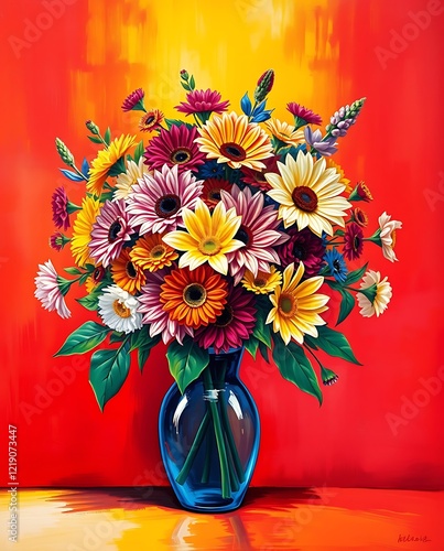 Vibrant bouquet of colorful flowers in vase.

