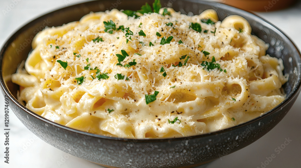 A Bowl Of Creamy Pasta Alfredo Topped With Grated Parmesan And Parsley A Bowl Of Creamy Pasta Alfredo Topped With Grated Parmesan And Parsley
