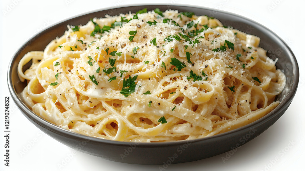 A Bowl Of Creamy Pasta Alfredo Topped With Grated Parmesan And Parsley A Bowl Of Creamy Pasta Alfredo Topped With Grated Parmesan And Parsley