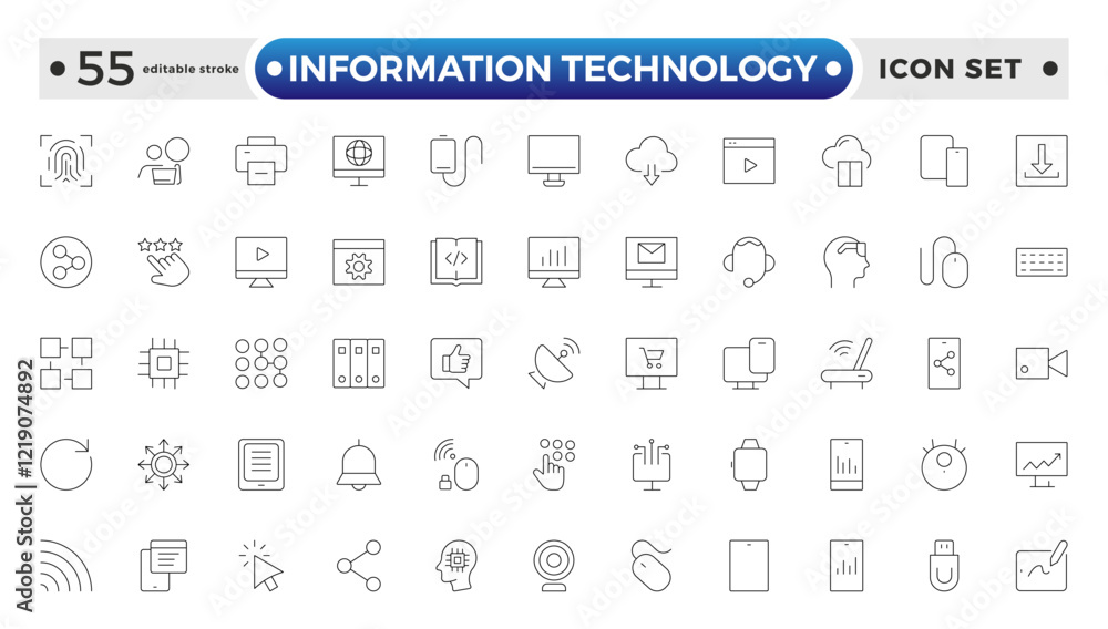 Information technology outline icons set. Set of technology icons. Industry concept factory of the future. Network, web design, website, computer, software, progress. Editable stroke outline icon. Information technology outline icons set. Set of technology icons. Industry concept factory of the future. Network, web design, website, computer, software, progress. Editable stroke outline icon.
