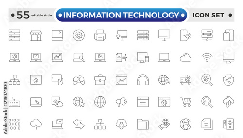 Information technology outline icons set. Set of technology icons. Industry concept factory of the future. Network, web design, website, computer, software, progress. Editable stroke outline icon. 