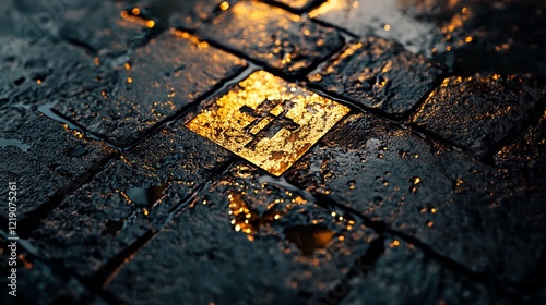 A close-up of a wet, paved surface with an indistinguishable symbol etched into it.