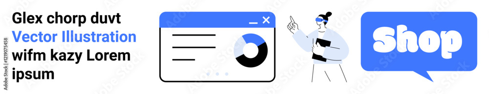 Depicts a person pointing at data charts on a digital interface with a Shop button. Ideal for e-commerce, business analytics, marketing, online shopping, web development. Banner for landing page Depicts a person pointing at data charts on a digital interface with a Shop button. Ideal for e-commerce, business analytics, marketing, online shopping, web development. Banner for landing page