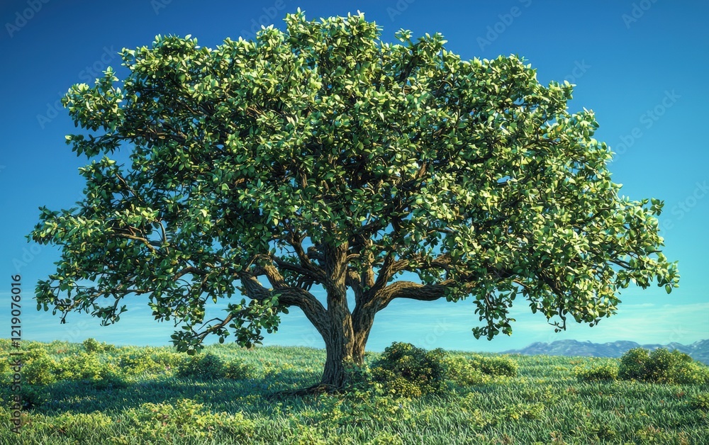 A large oak tree with sprawling branches and lush green leaves, set against a clear blue sky A large oak tree with sprawling branches and lush green leaves, set against a clear blue sky