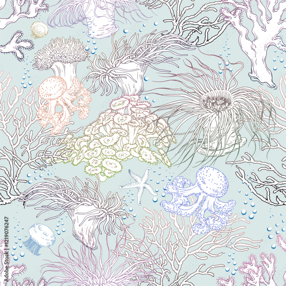 Seamless pattern with underwater corals and jellyfish. Hand drawn vector illustration on blue background. Seamless pattern with underwater corals and jellyfish. Hand drawn vector illustration on blue background.