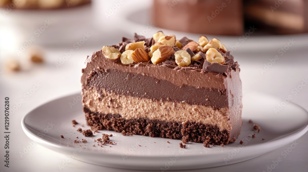 A slice of rich chocolate cake with nuts, on the table, in close-up view, product photography, studio lighting, natural light, delicious-looking, on a white plate, with a bokeh background. A slice of rich chocolate cake with nuts, on the table, in close-up view, product photography, studio lighting, natural light, delicious-looking, on a white plate, with a bokeh background.