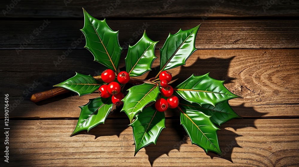Holly Branch with Red Berries: A Rustic Christmas Still Life Holly Branch with Red Berries: A Rustic Christmas Still Life