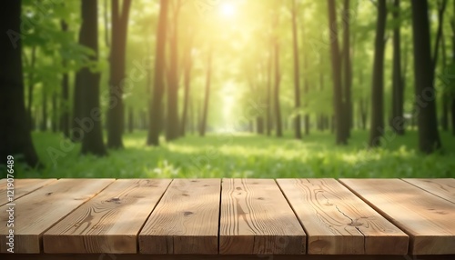 Wooden Table in Sunny Forest Background Image photo