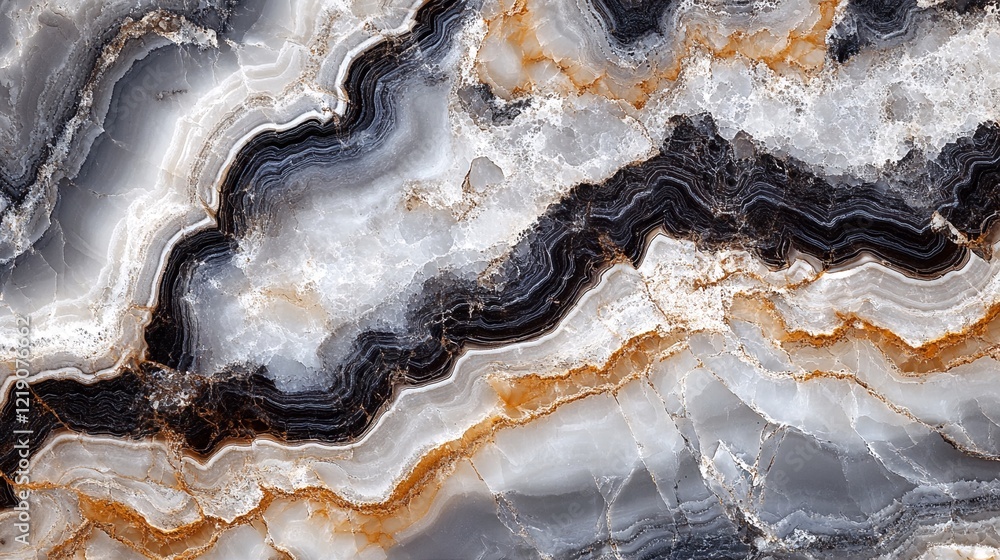 Obraz premium A close-up photograph of a slab of black and white marble with gold veins.