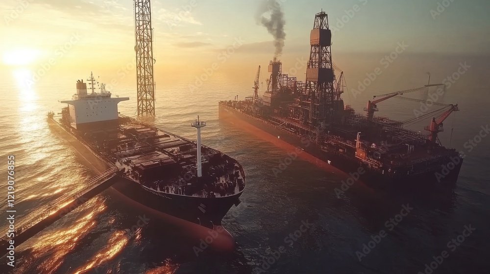 Fototapeta premium A cargo ship anchored near an oil rig in the middle of the ocean.