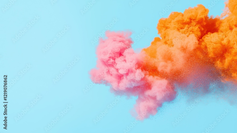 Fototapeta premium A vibrant explosion of pink and orange smoke against a bright blue background, creating a dynamic and colorful visual effect.