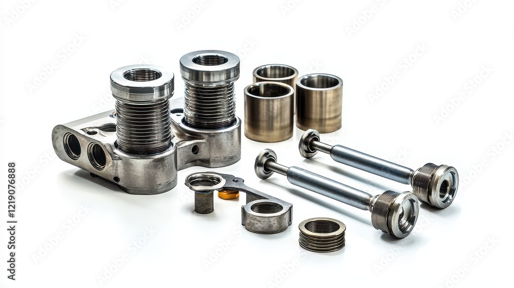A set of engine pistons with piston rings and connecting rods on a white isolated background A set of engine pistons with piston rings and connecting rods on a white isolated background