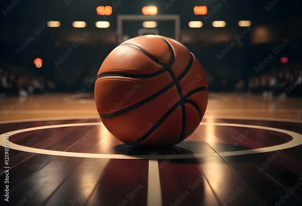 A close-up of a basketball resting on a wooden court, illuminated by overhead lights. The court features white lines and a polished surface, creating a dramatic focus on the ball A close-up of a basketball resting on a wooden court, illuminated by overhead lights. The court features white lines and a polished surface, creating a dramatic focus on the ball