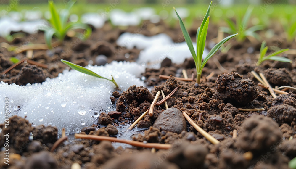 Rich wet soil with melting snow and sprouting grass, spring awakening, thawing snow Rich wet soil with melting snow and sprouting grass, spring awakening, thawing snow
