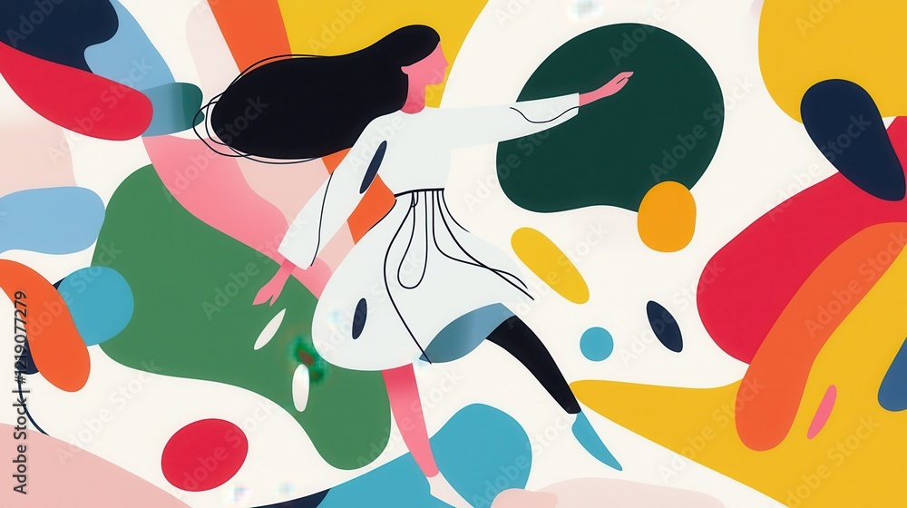 Fototapeta premium Abstract Dance of a Girl in a Whirlwind of Colorful Shapes and Forms Capturing Movement and Grace