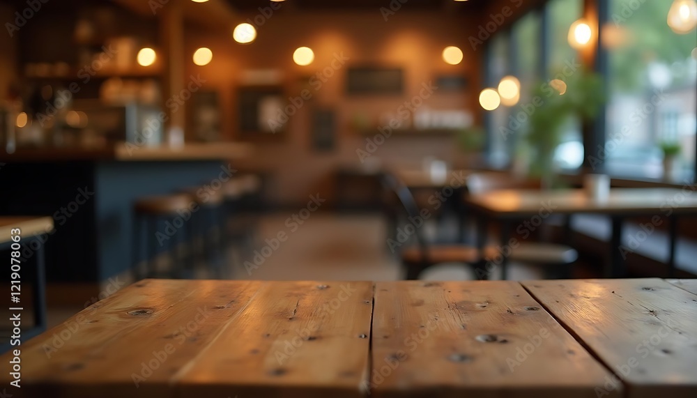 Rustic Wooden Table in Cozy Coffee Shop Setting Rustic Wooden Table in Cozy Coffee Shop Setting