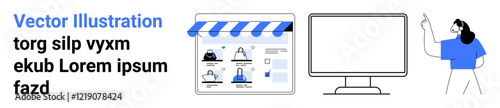 Woman presenting data, online store layout with products, large computer monitor. Ideal for e-commerce, data analysis, business presentations, online shopping, technology demonstrations, educational