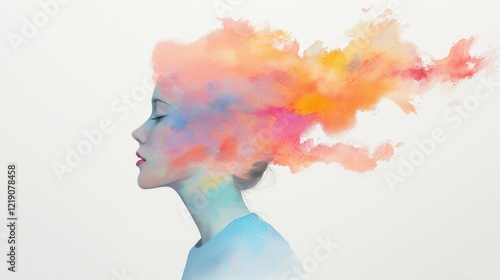 Ethereal Girl Portrait with Watercolor Blending in Vibrant Hues Creating a Dreamlike Atmosphere