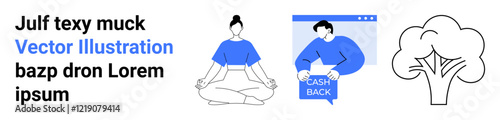Woman meditating in blue outfit, person receiving cashback notification, and simple tree design. Ideal for wellness apps, financial services, educational content, environmental campaigns, digital
