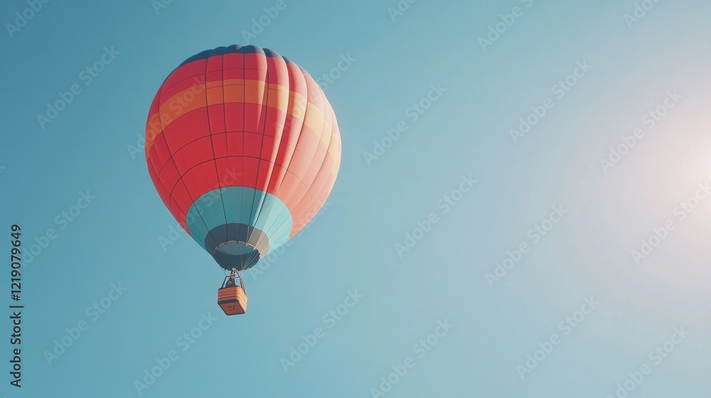 Naklejka premium A colorful hot air balloon rising into a clear blue sky.