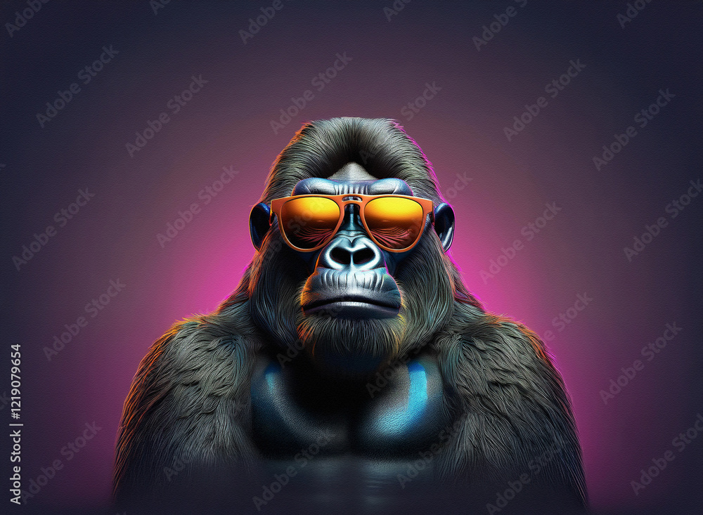 Fototapeta premium A cool gorilla, rendered in 3D, sports stylish orange sunglasses against a vibrant purple and pink background. Its serious expression adds to the image's unique vibe.