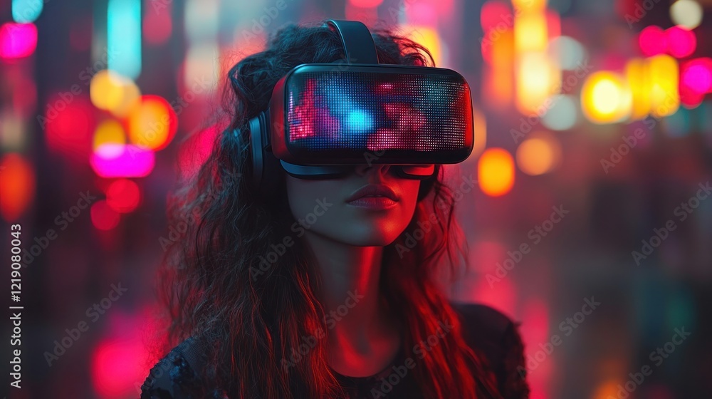 Woman immersed in virtual reality amidst vibrant lights Woman immersed in virtual reality amidst vibrant lights