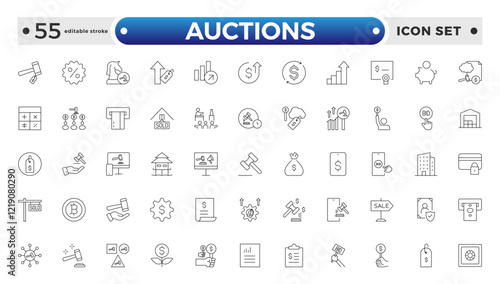 Auction outline icon hammer sell document judge illustration price deal. Bid auction vector tender justice sale commercial concept. Editable stroke outline icon. 
