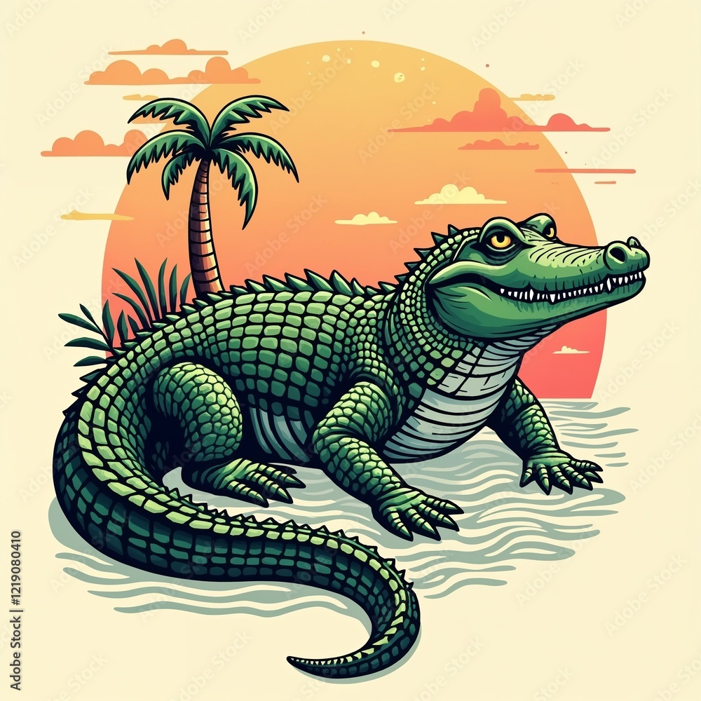 Fototapeta premium Retro Crocodile Perched on Waterside with Sunset Backdrop and Copy Space 