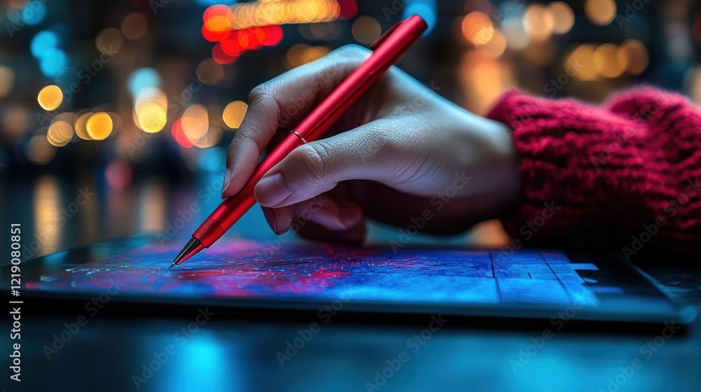 Night Digital Art Creation: A Hand Sketches on a Tablet with a Red Stylus, City Lights Blurred in the Background Night Digital Art Creation: A Hand Sketches on a Tablet with a Red Stylus, City Lights Blurred in the Background