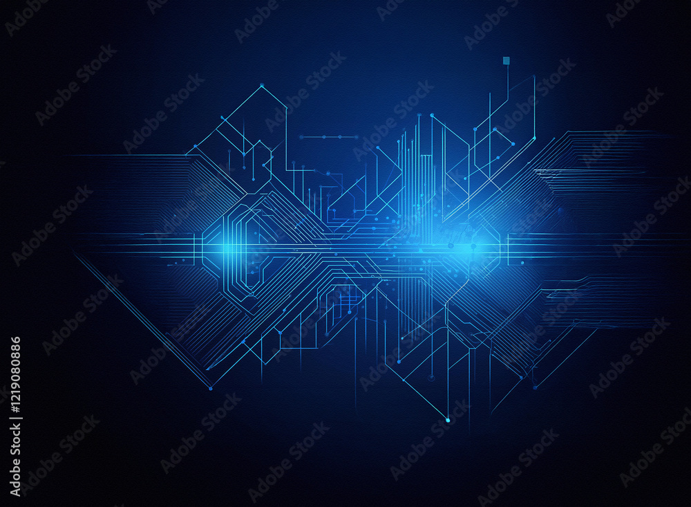 Obraz premium Abstract digital artwork depicting a futuristic, glowing circuit board design. Intricate lines and nodes form a complex, symmetrical pattern on a dark blue background.