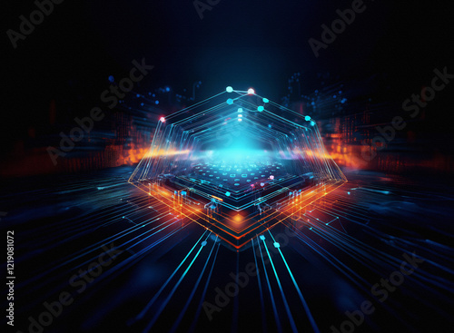 A futuristic, glowing hexagonal structure, pulsating with vibrant blue and orange light, sits atop a complex network of circuits.  The image evokes themes of technology, innovation, and connectivity. photo