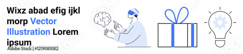 Person using VR headset analyzing brain, adjacent to gift box and lightbulb icon. Ideal for technology, innovation, creativity, education, neuroscience, digital learning futuristic concepts. Landing