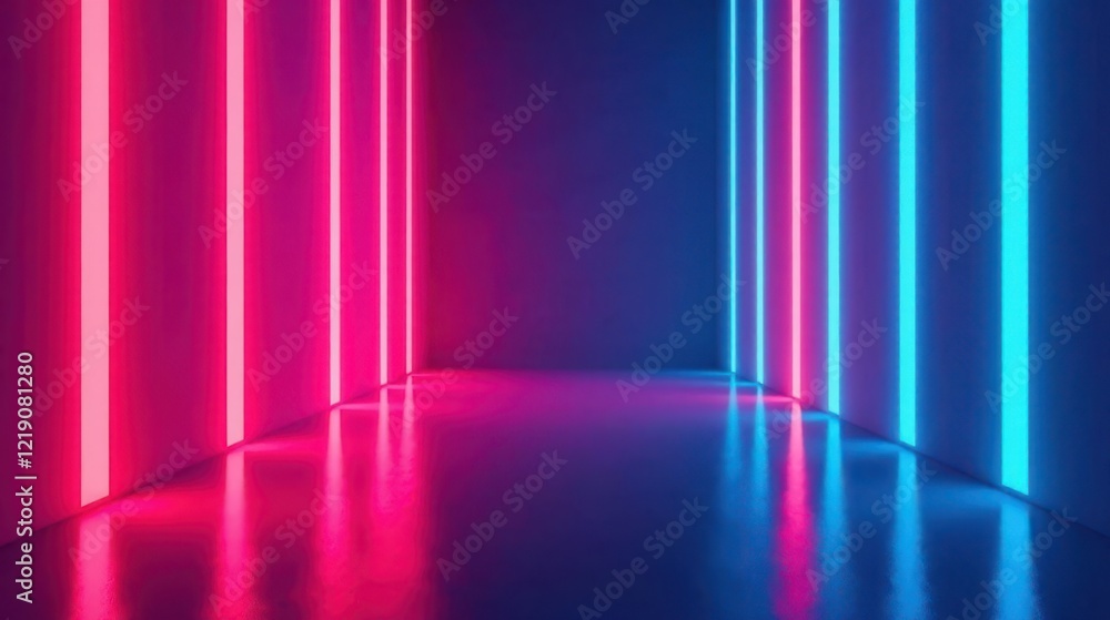 Abstract Neon Light Installation Vibrant Pink and Blue Glowing Lines Reflecting on a Sleek Polished Floor