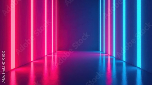 Abstract Neon Light Installation Vibrant Pink and Blue Glowing Lines Reflecting on a Sleek Polished Floor