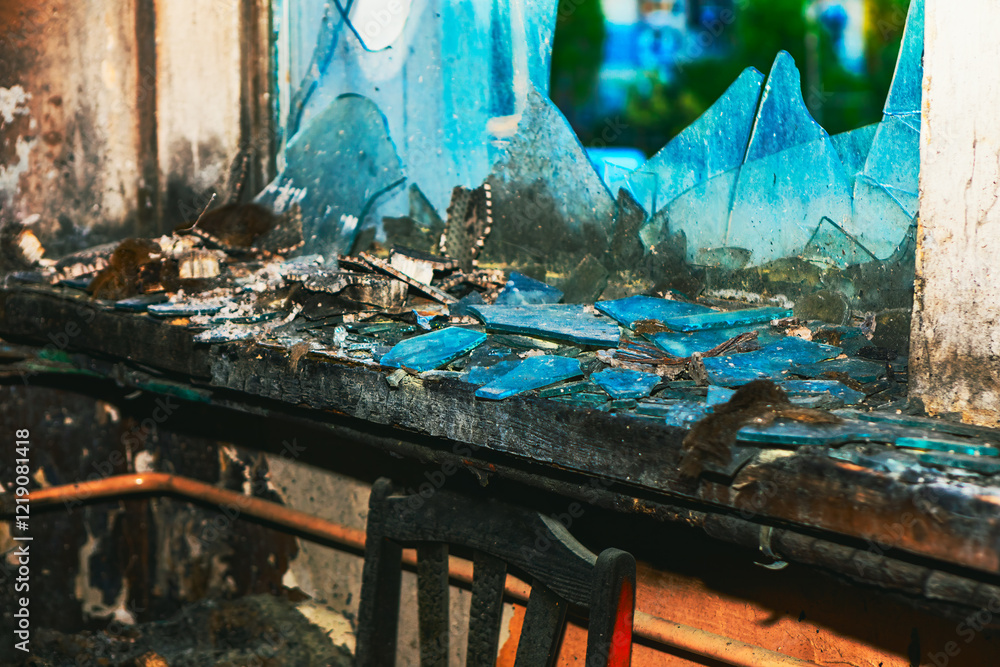 After explosion broken window with jagged blue glass pieces sits above a dusty, cluttered windowsill. Debris and remnants of what appears to be an abandoned space are scattered across the surface
