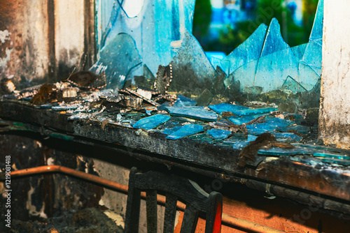 Obraz na płótnie After explosion broken window with jagged blue glass pieces sits above a dusty, cluttered windowsill. Debris and remnants of what appears to be an abandoned space are scattered across the surface w salonie