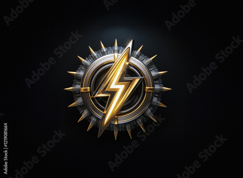 A radiant gold lightning bolt emblem, encircled by a metallic gear-like design with sharp, pointed edges, set against a dark background.  The intricate details and glowing lightning create a powerful  photo