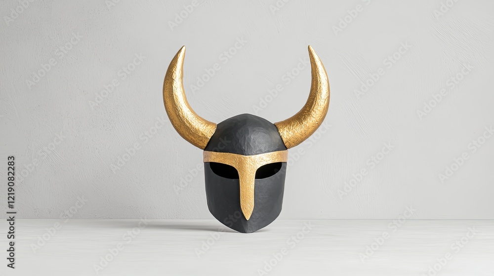 Fototapeta premium Black Viking Helmet with Golden Accents and Prominent Horns for Historical or Fantasy Themes
