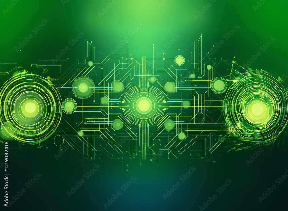 Obraz premium Abstract digital artwork depicting a futuristic circuit board with glowing green nodes and interconnected pathways. The design suggests technological innovation and connectivity.